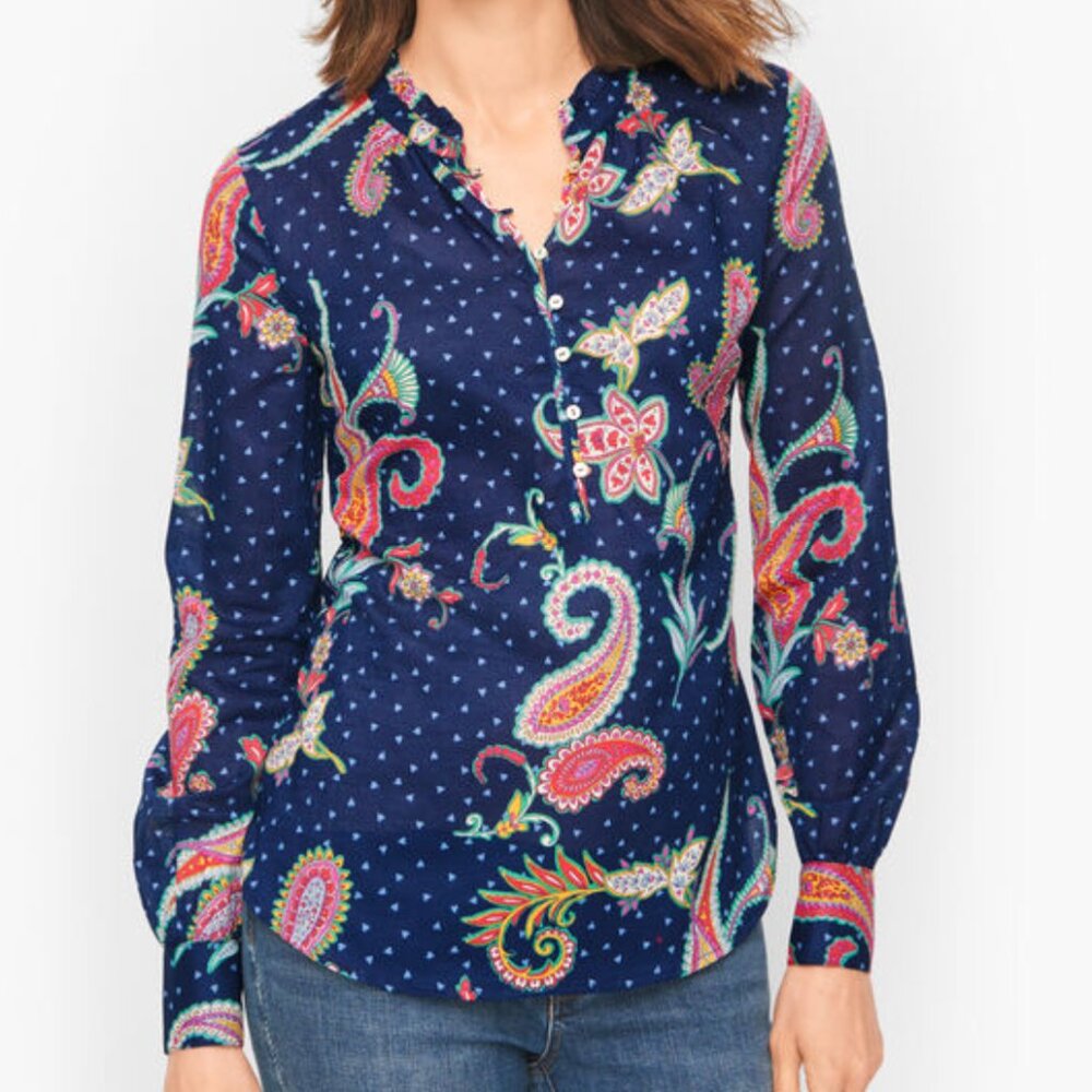 Talbots Band Collar Paisley Heart Button Detail Ruffle Popover Blouse Sz XL